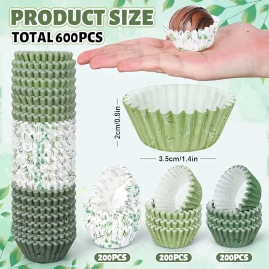 600Pcs Greenery Mini Cupcake Liners Eucalyptus Olive Leaf Cupcake Wrappers, view 2