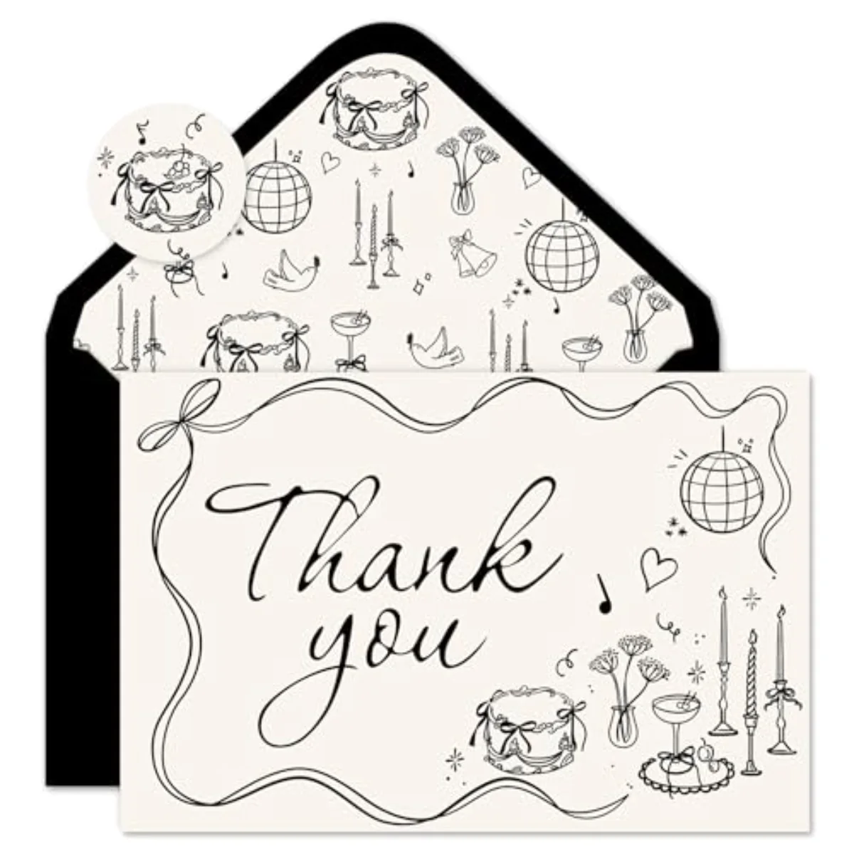 24 Pack Wedding Thank You Cards Boxed Black Bow Cake Disco Ball Flower
