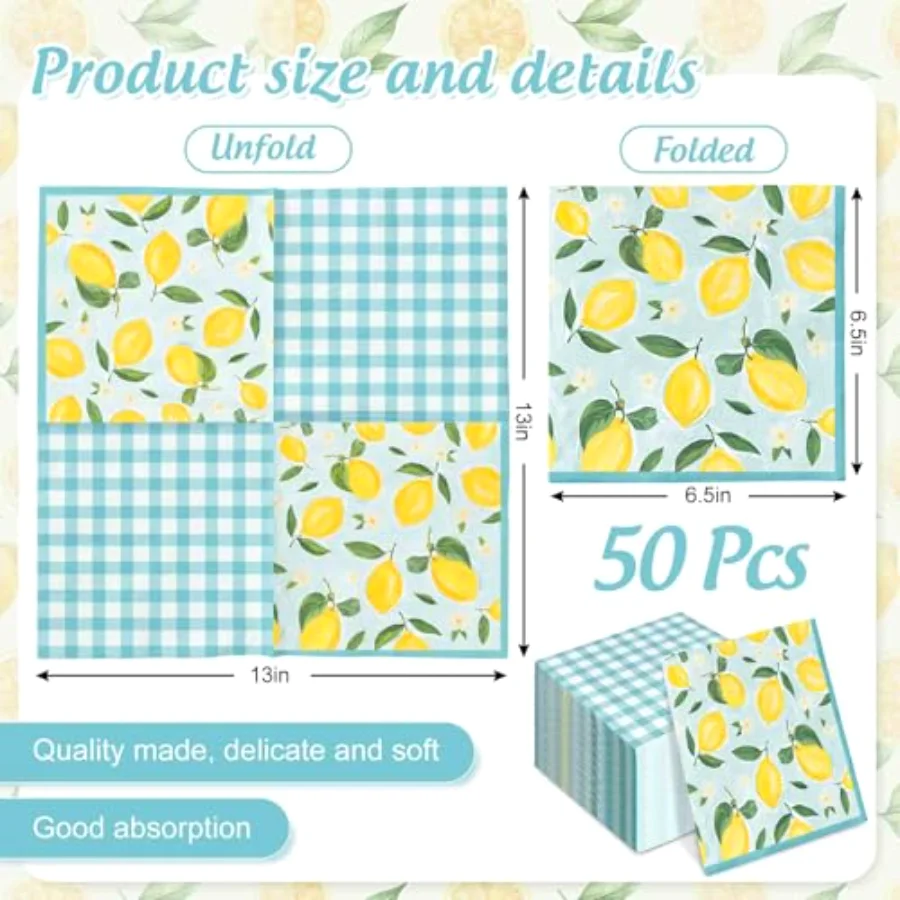 Lemon Luncheon Napkins Spring Summer Disposable Paper Napkin Reversible, view 2