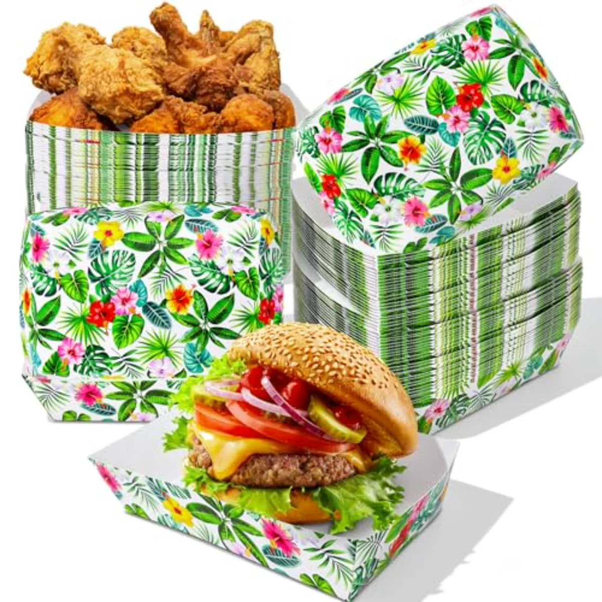 1 Lb Hawaiian Pre-Assembled Food Trays Luau Palm Leaves Disposable Paper