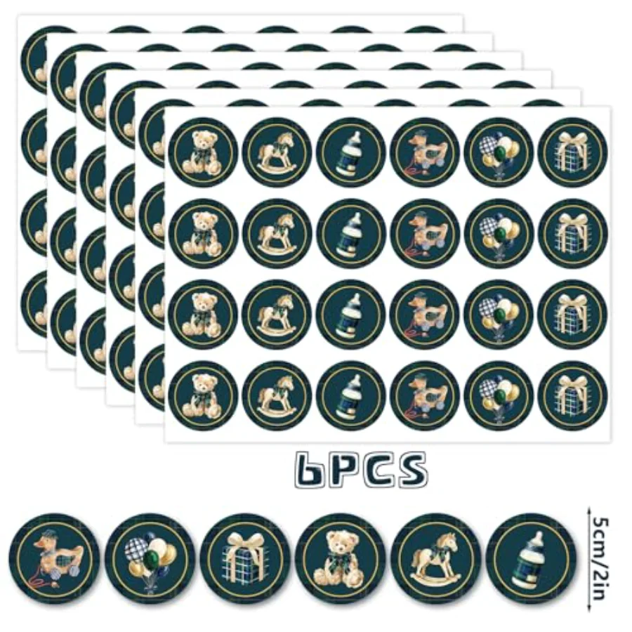 120Pcs Tartan Plaid Bear Baby Shower Stickers 2 Inch Adhesive Green Blue, view 2