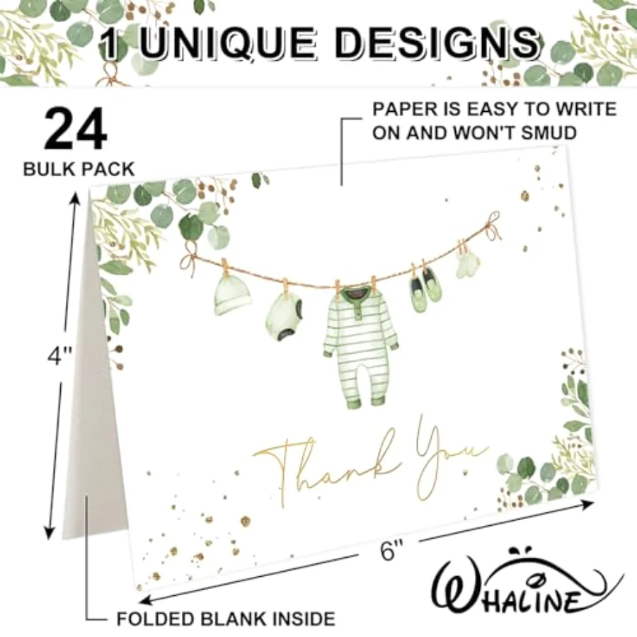 Baby Shower Thank You Cards 24 Pack Green Baby Note Cards with Envelope, view 2