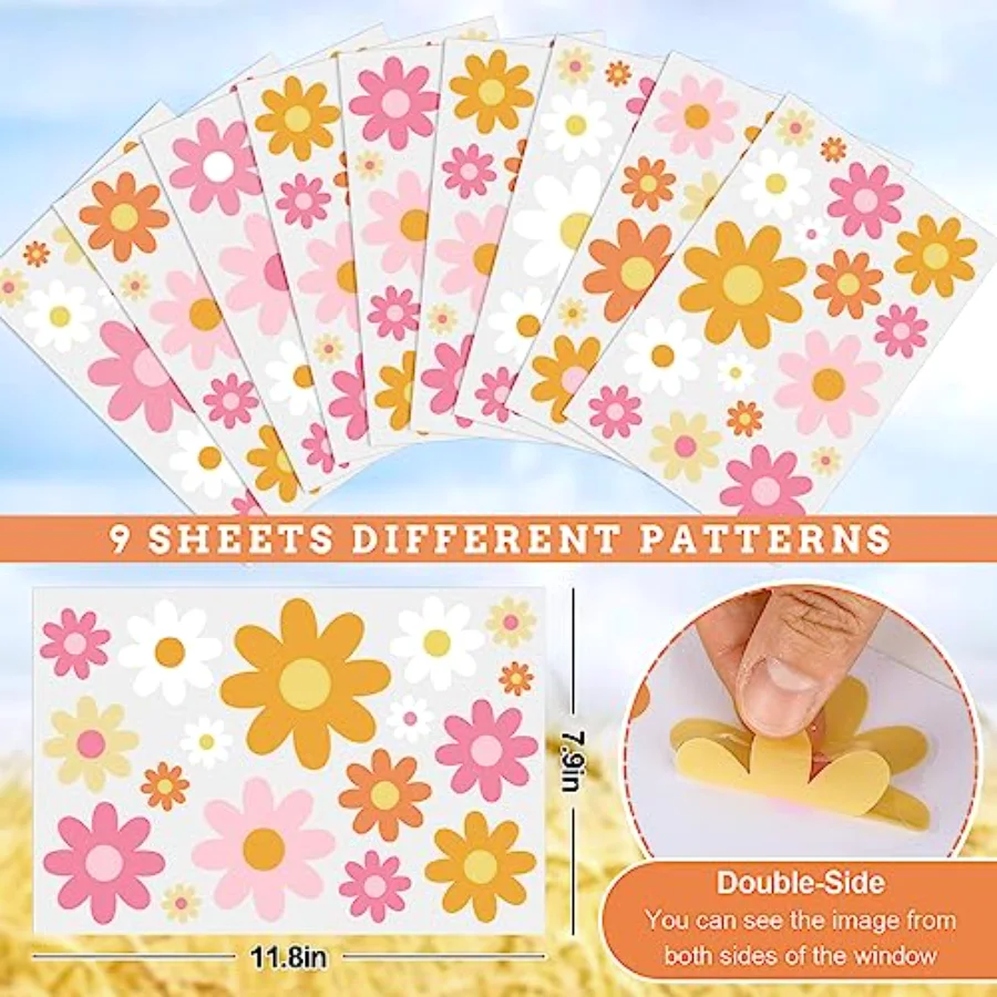 9 Sheet Retro Daisy Window Clings Groovy Boho Flower Window Decals, view 2