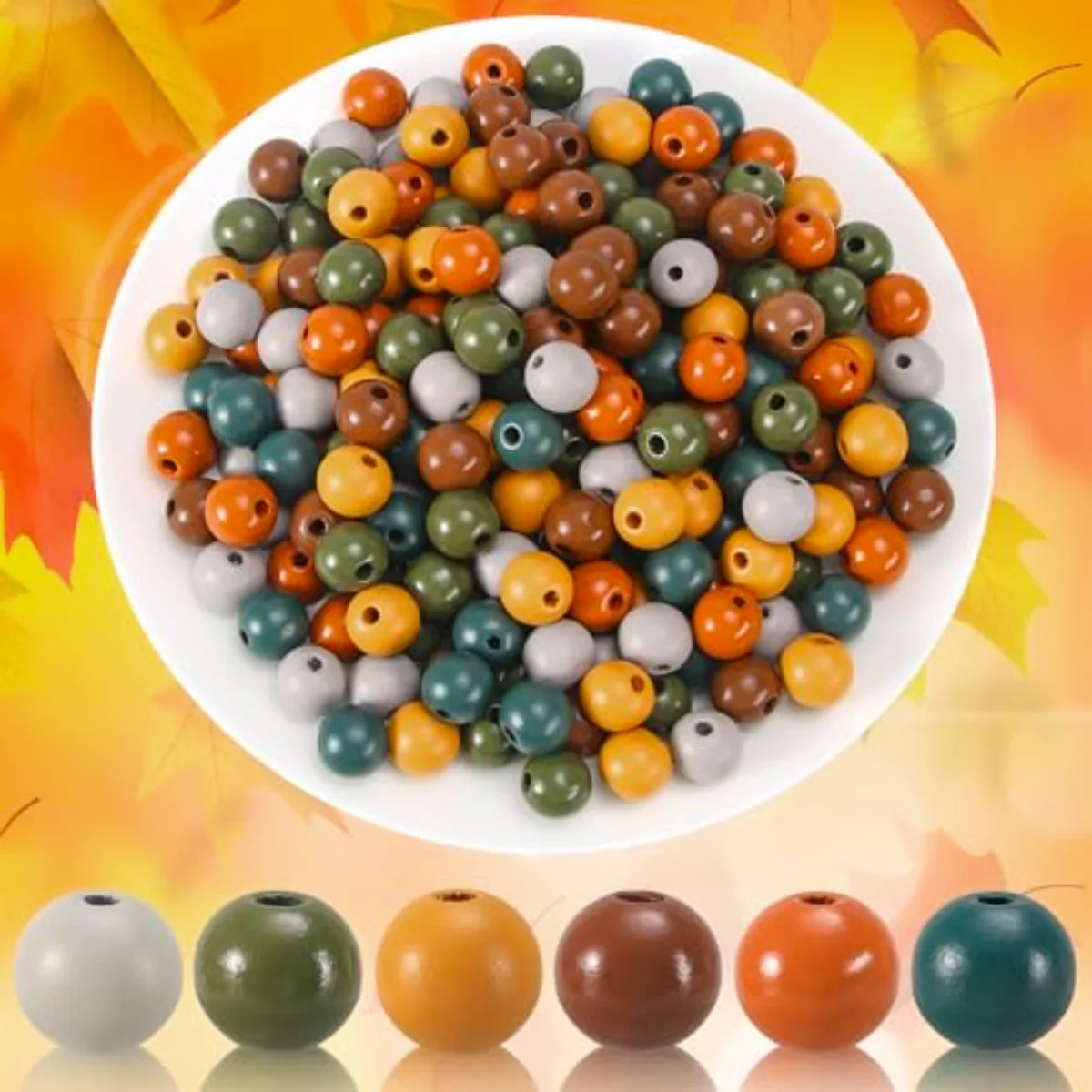 240Pcs Fall Wooden Beads Orange Yellow Green Brown Round Loose Bead Autumn