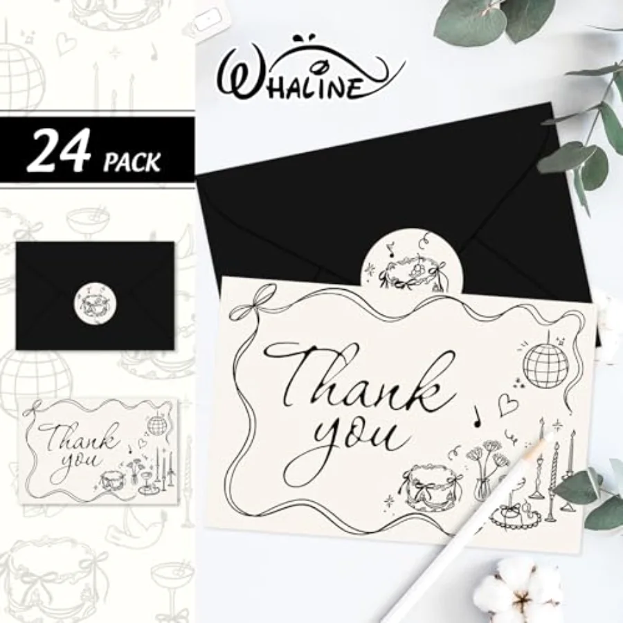 24 Pack Wedding Thank You Cards Boxed Black Bow Cake Disco Ball Flower, view 3