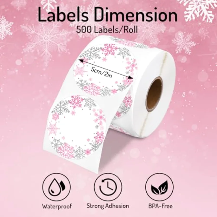 Winter Christmas Direct Thermal Labels Stickers Pink Silver Snowflake, view 2