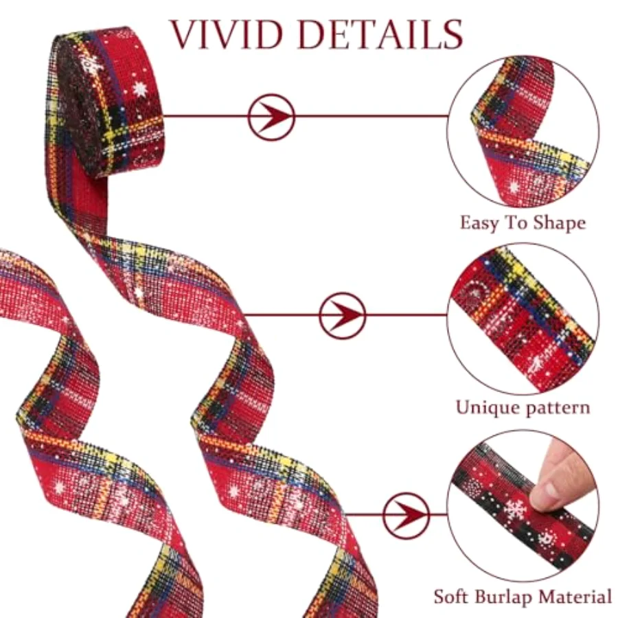 5 Rolls 30 Yard Christmas Burlap Ribbon - 1 Inch Snowflake Plaid for Gift, view 3