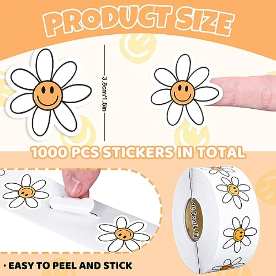 1000Pcs Boho Daisy Stickers White Smile Daisy Shaped Roll Stickers Hippie, view 2