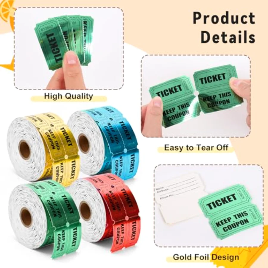 4000Pcs Raffle Tickets Double Roll Metallic Red Blue Gold Green Foil, view 3