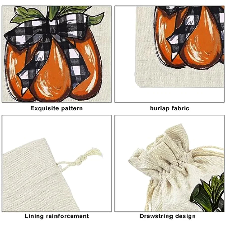 24 Pack Fall Burlap Bags Pumpkin Drawstring Bags Watercolor Plaid Pumpkin, view 3