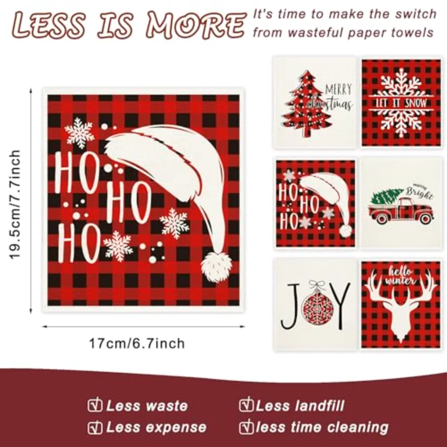 6Pcs Christmas Swedish Dishcloths Red Buffalo Plaid Xmas Dish Towels Xmas, view 2