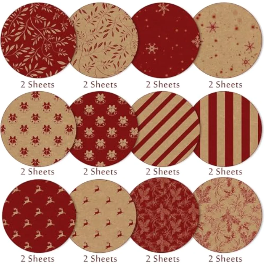 24 Sheets Christmas Pattern Paper Kraft Red Reindeer Snowflake Bell, view 3