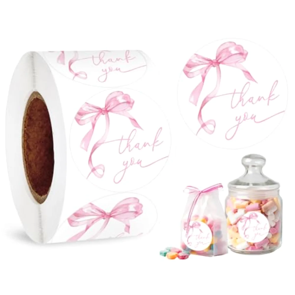 500Pcs Pink Bow Thank You Stickers Watercolor Bowknot Paper Label Decals