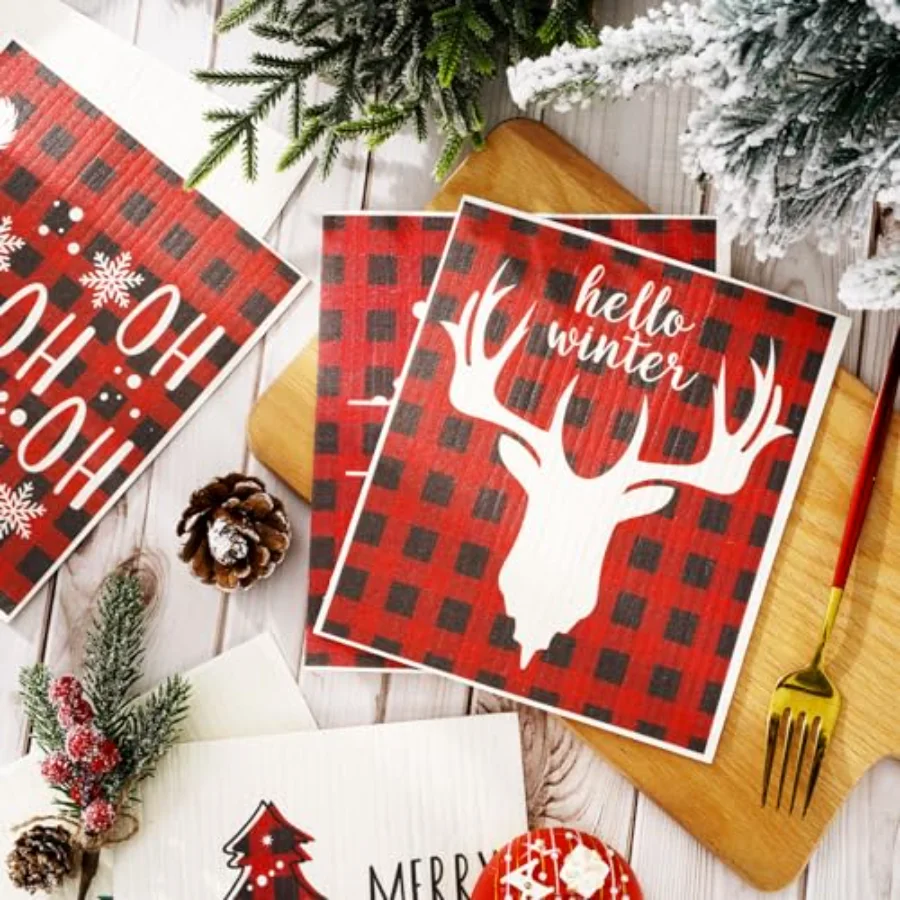 6Pcs Christmas Swedish Dishcloths Red Buffalo Plaid Xmas Dish Towels Xmas, view 3