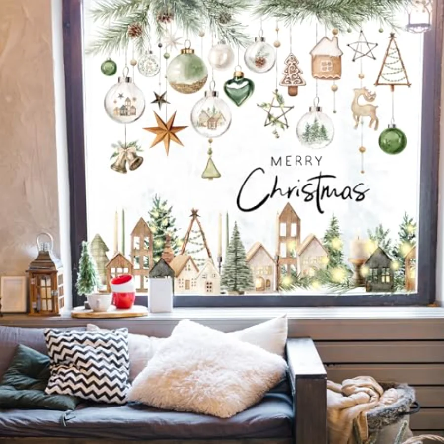 Christmas Window Clings Xmas Ball Farmhouse Window Stickers Double-Sided, view 3