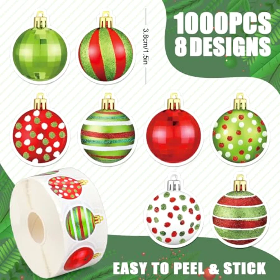 1000 Pcs Christmas Ball Stickers Roll Red Green Ball Ornament, view 2