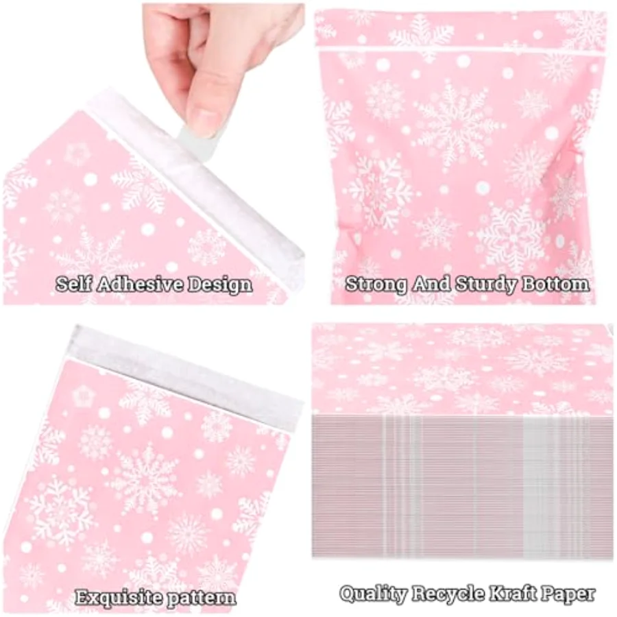 100Pcs Winter Snowflake Treat Bags Pink Self-Adhesive Snowflake Candy, view 3