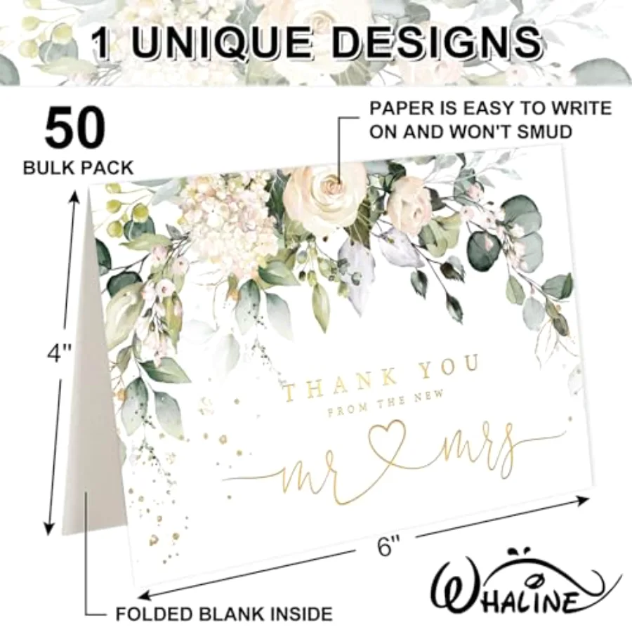 50 Pack Floral Wedding Thank You Cards, view 2
