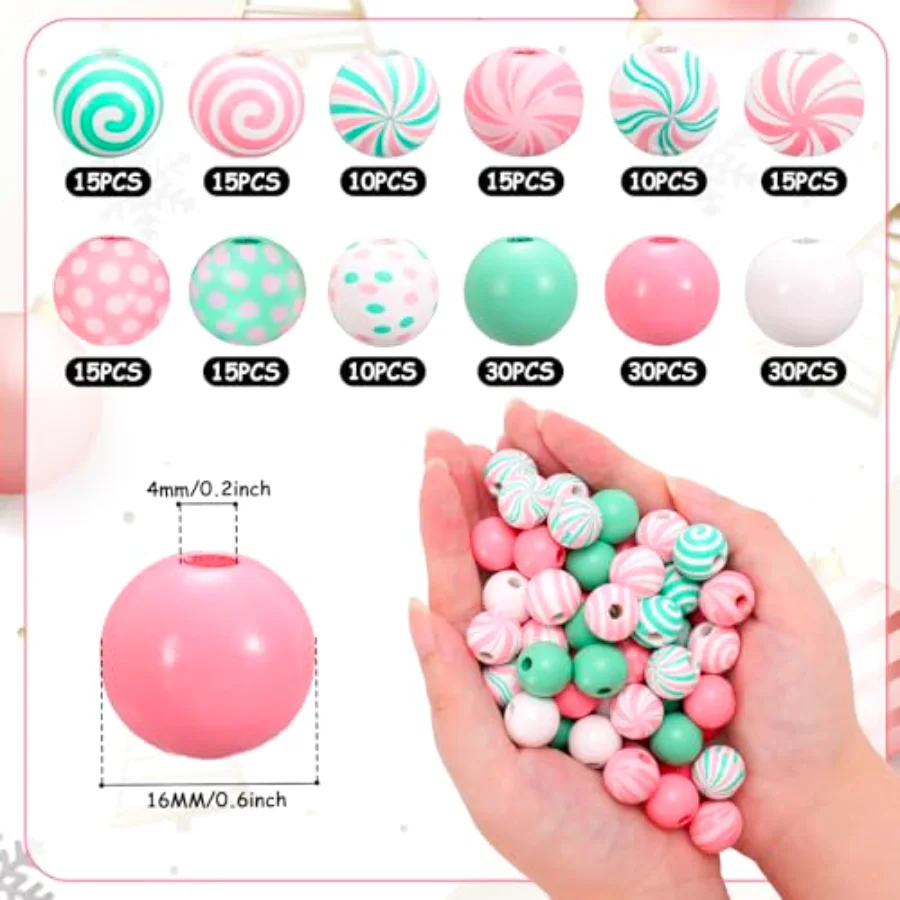 210Pcs Christmas Wooden Beads 12 Styles Pink-Green Xmas Pattern Round, view 2