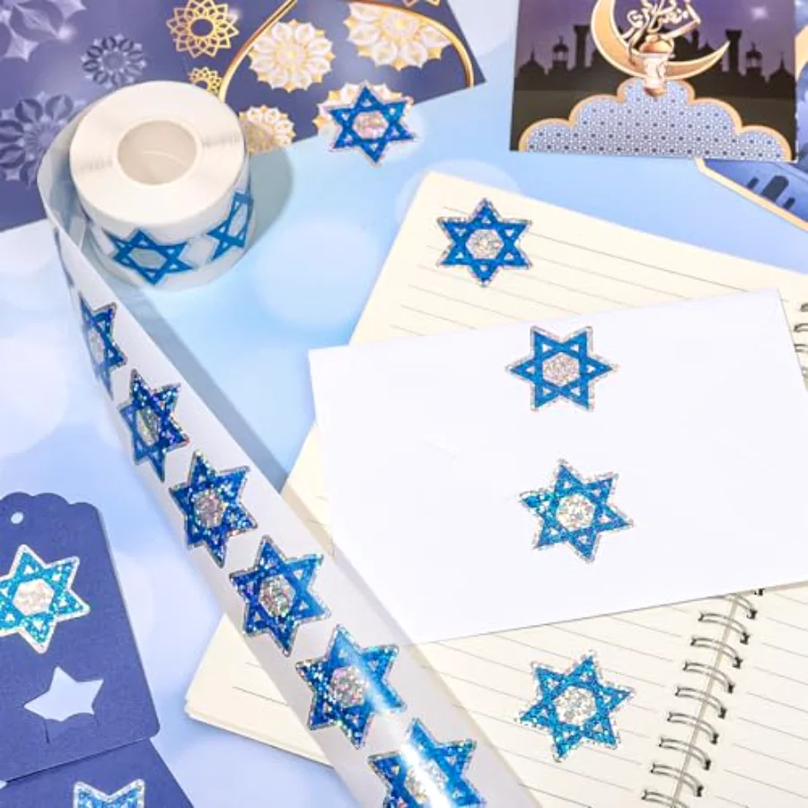 Hanukkah Stickers Roll Glitter Chanukah Star Seal Stickers Waterproof, view 3