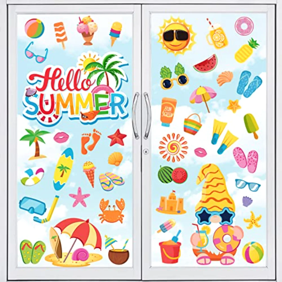 9 Sheets Hello Summer Window Clings Sun Pool Beach Window Decals Drinks