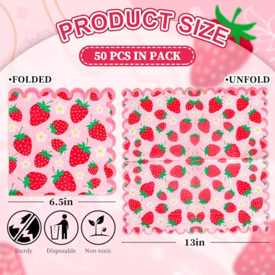 50 Pcs Strawberry Scalloped Paper Napkins Pink Red Strawberry Flower, view 2
