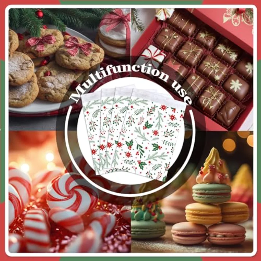 100Pcs Christmas Treat Bags Self-Adhesive Xmas Botanical Print Goodie, view 4