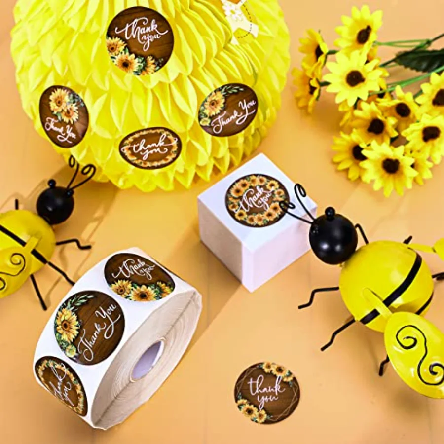 1000Pcs Sunflower Thank You Stickers Roll 8 Designs Floral Thank You Round, view 3