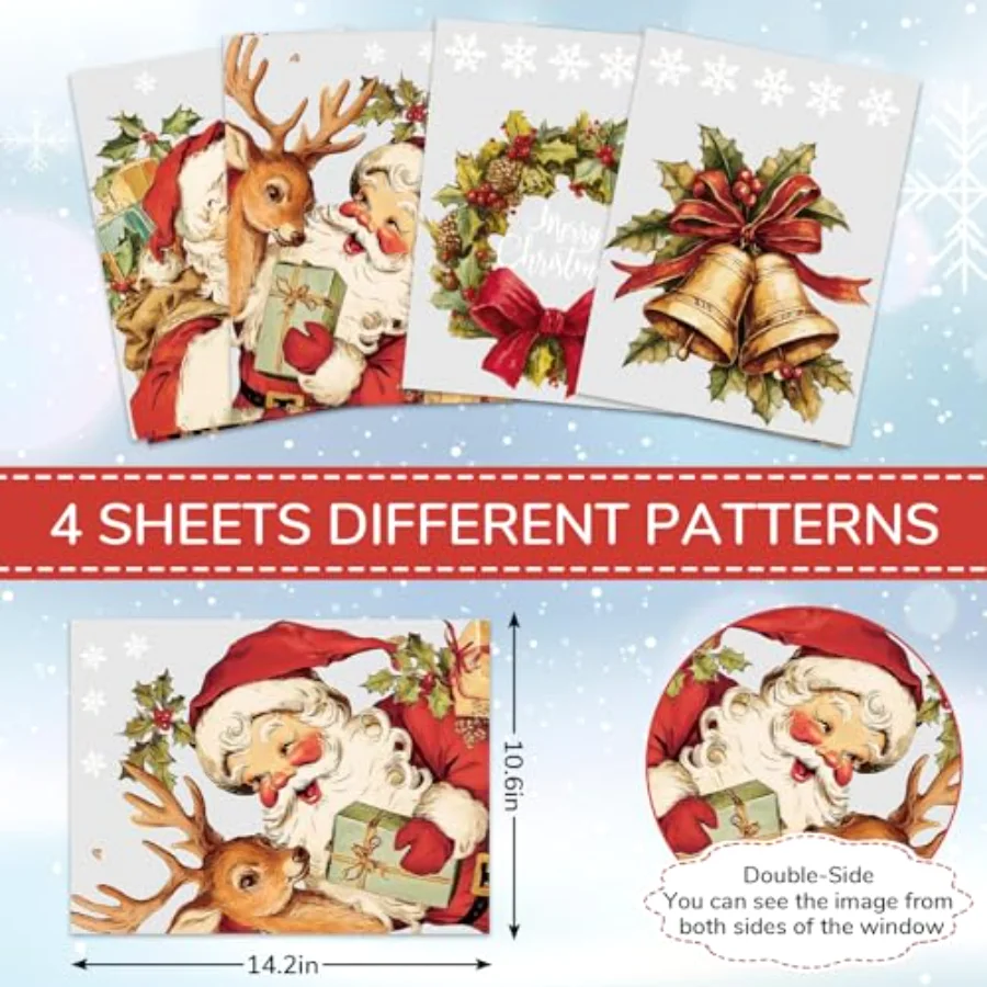 4 Sheets Large Christmas Window Clings Santa Reindeer Holly Berry Bell, view 4