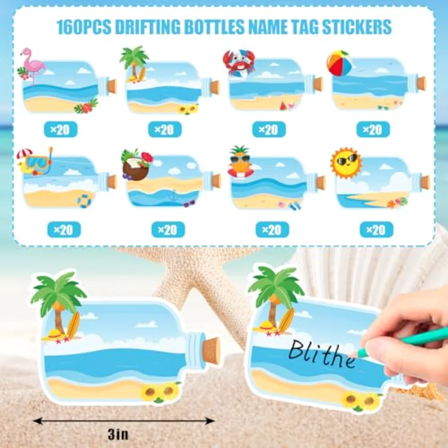 160Pcs Summer Beach Bottle Name Tag Stickers Hawaiian Beach Drift Bottles, view 2