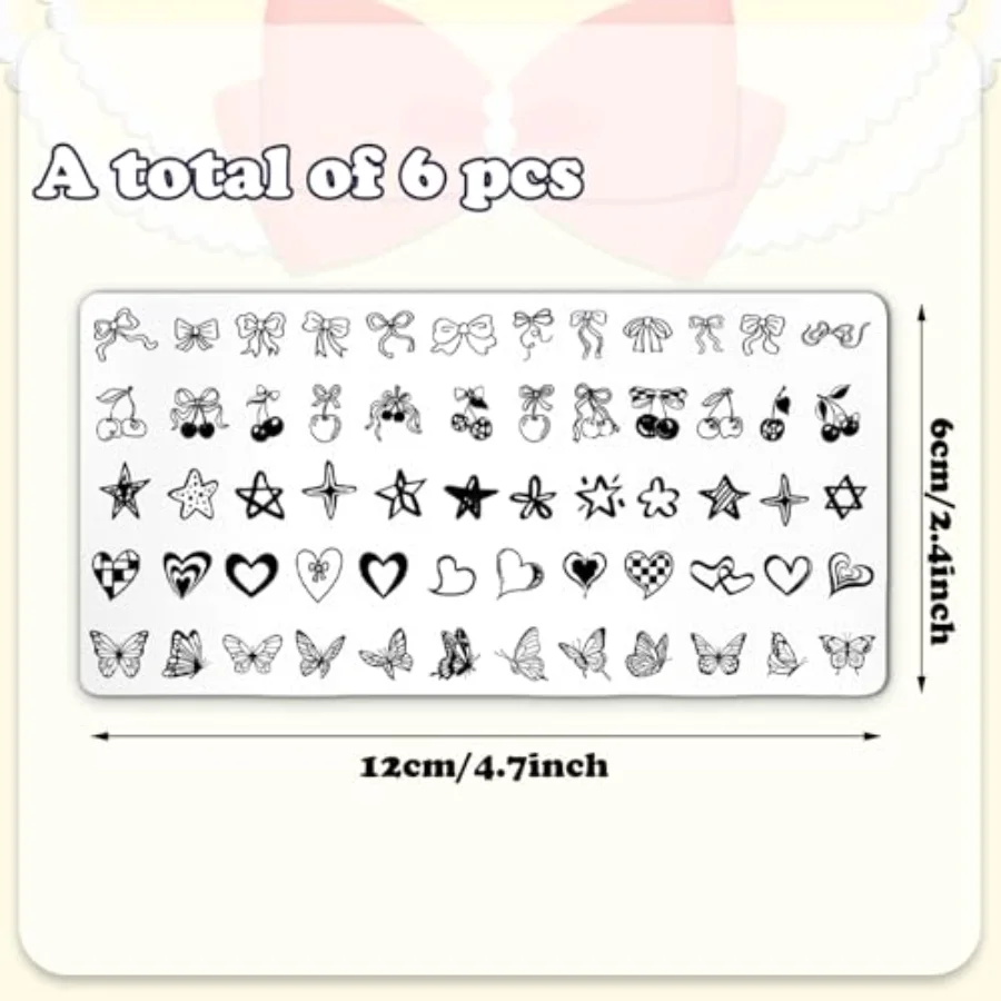 6 Pcs Coquette Nail Plates Stamping Set Bow Cherry Heart Stamp Templates, view 2