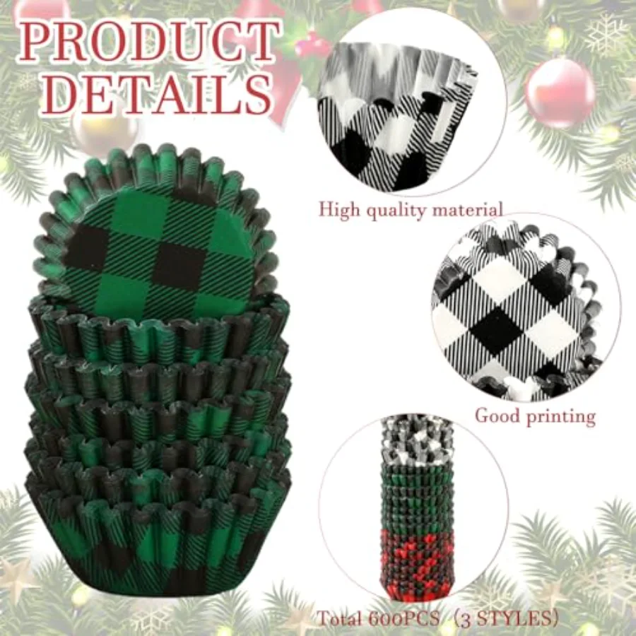 600Pcs Christmas Cupcake Wrappers 3 Colors Buffalo Plaid Cupcake Liners, view 3