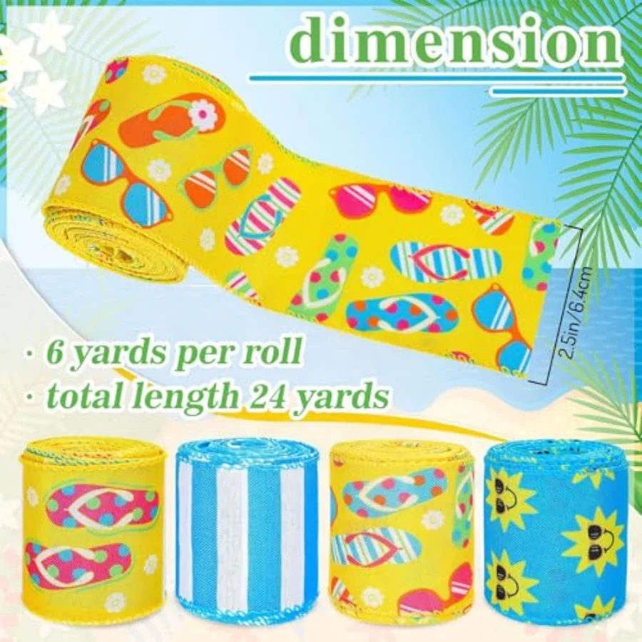 4 Rolls Summer Wired Ribbons 24 Yards Flip Flop Sunshine Stripe Fabric, view 2