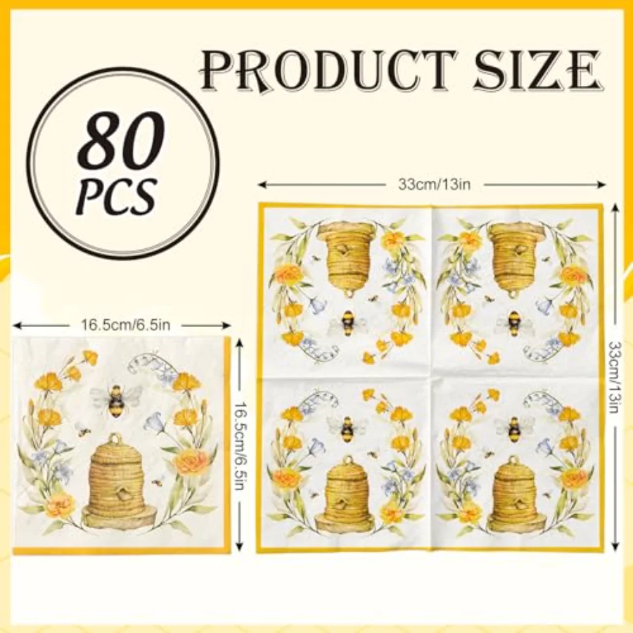 80Pcs Bee Flower Paper Napkins Disposable Summer Bee Yellow Luncheon, view 2