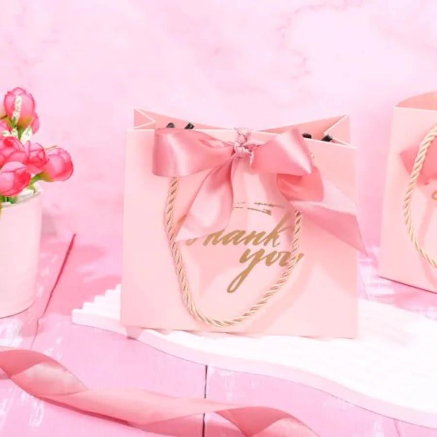 50 Pcs Thank You Paper Gift Bags with Bows Pink Candy Treat Bags with, view 4