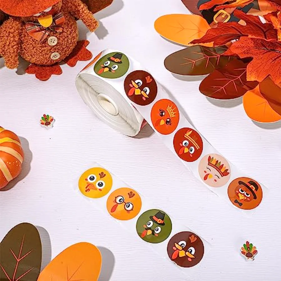 1000Pcs Thanksgiving Stickers Roll Cute Turkey Expressions Stickers, view 3