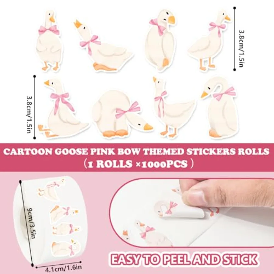 1000Pcs One Silly Goose Stickers Roll 8 Design Pink Bow Goose Self, view 2