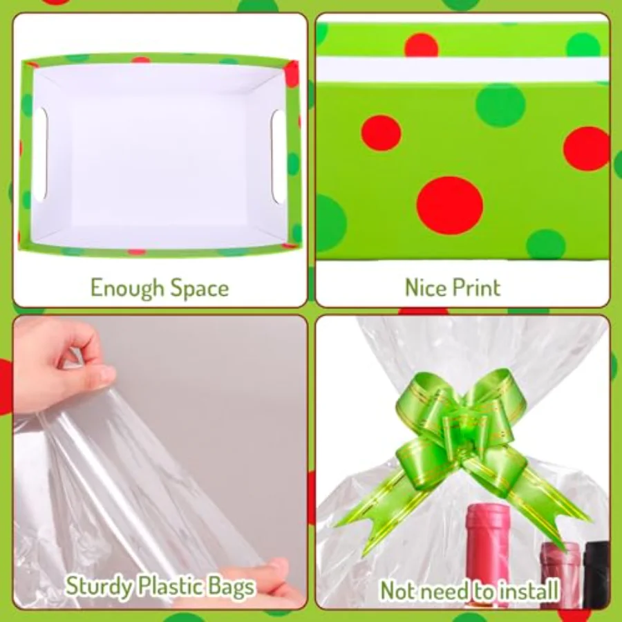 12 Pack Christmas Empty Gift Basket Kit Bulk Red Green Polka Dot Cardboard, view 3