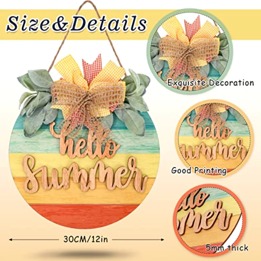 Hello Summer Wooden Hanging Sign Summer Welcome Sign Front Door Decor with, view 2