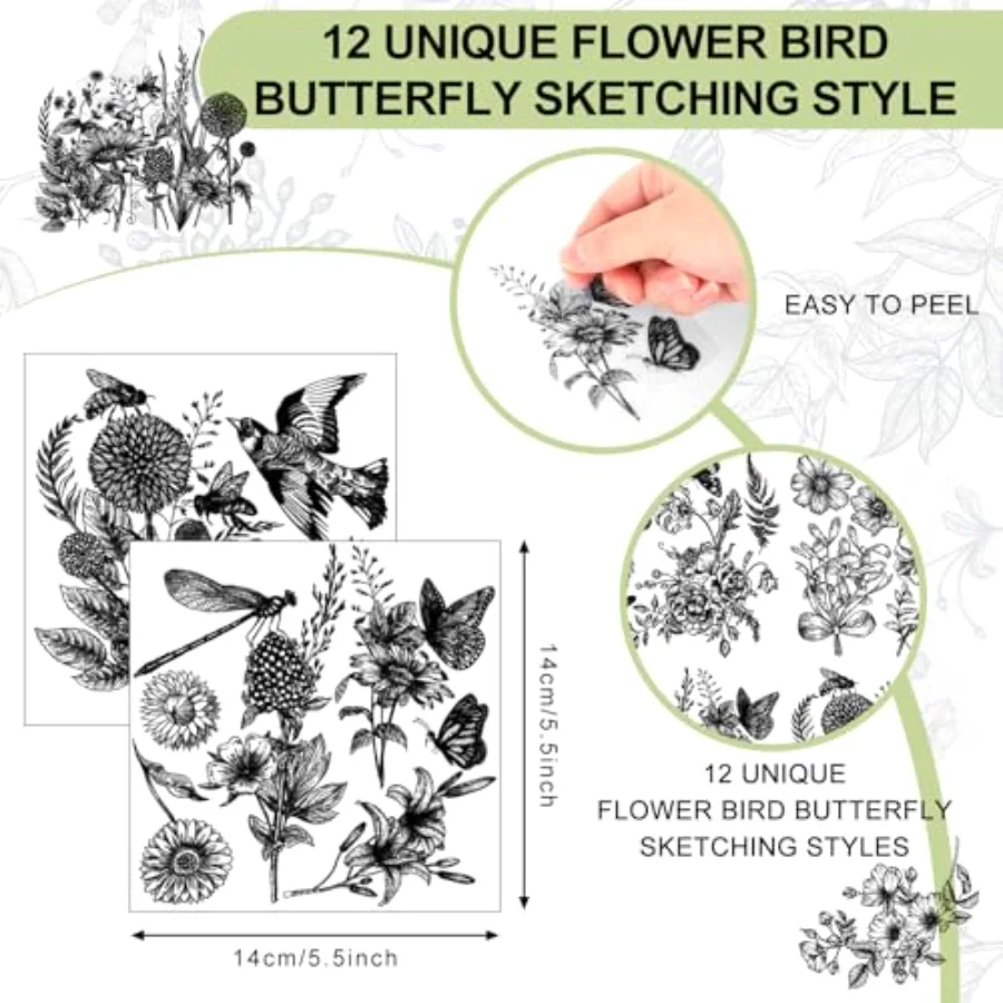 12 Sheet Floral Bird Butterfly Rub on Transfer for Crafts Vintage Black, view 2