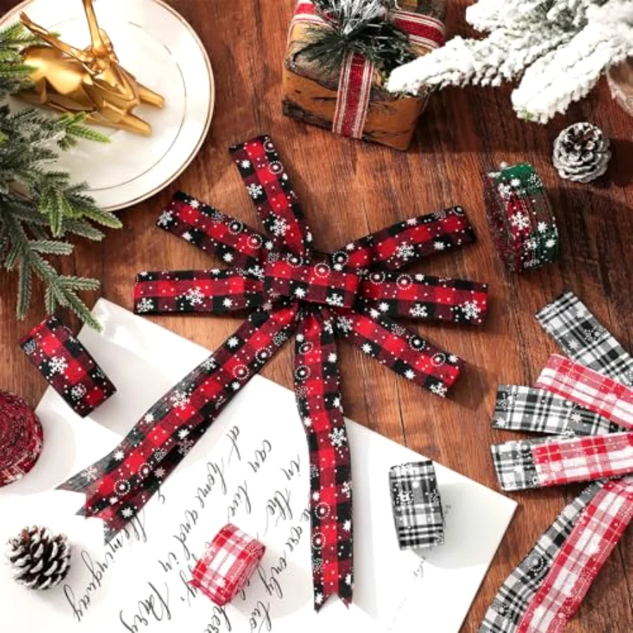 5 Rolls 30 Yard Christmas Burlap Ribbon - 1 Inch Snowflake Plaid for Gift, view 4