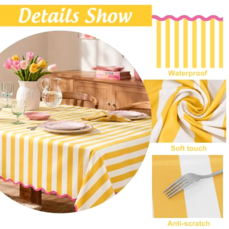 Scalloped Tablecloth, Yellow White Stripe & Pink Edge, view 3