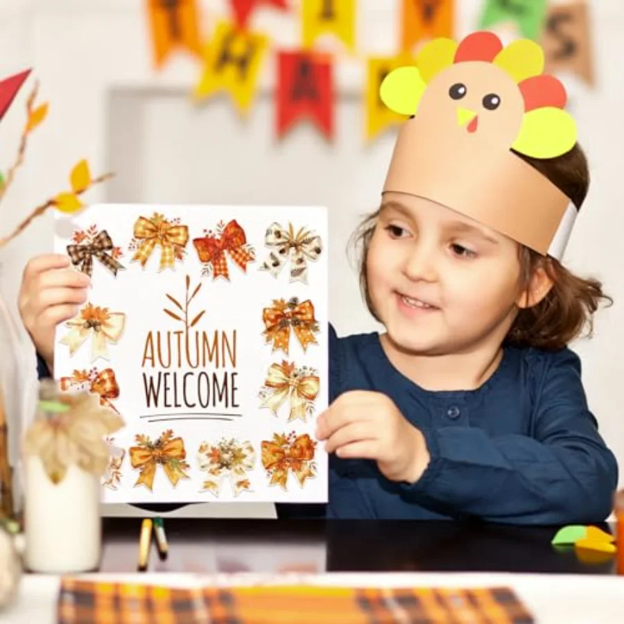 1000 Pcs Fall Bow Stickers Roll Orange Pumpkin Plaid Leaves Bowknot, view 4