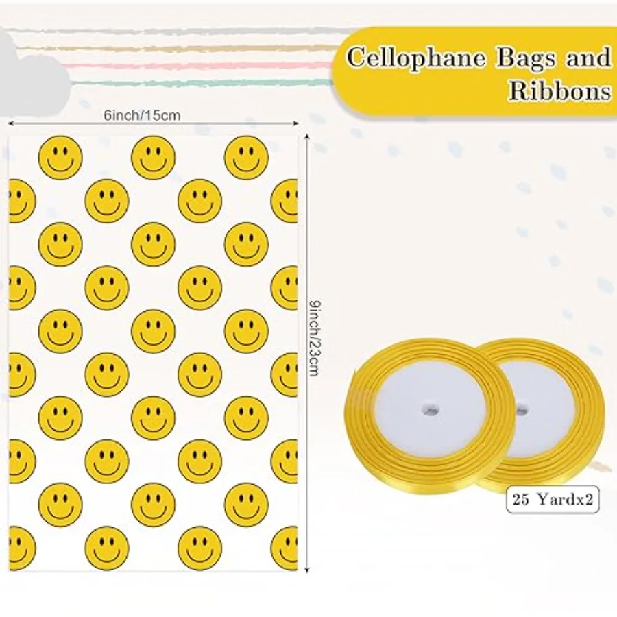 100Pcs Smile Pattern Cellophane Treat Bags with Yellow Ribbons Cute Smile, view 2