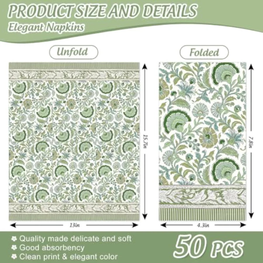 50 Pcs Green Floral Guest Paper Napkins, view 2