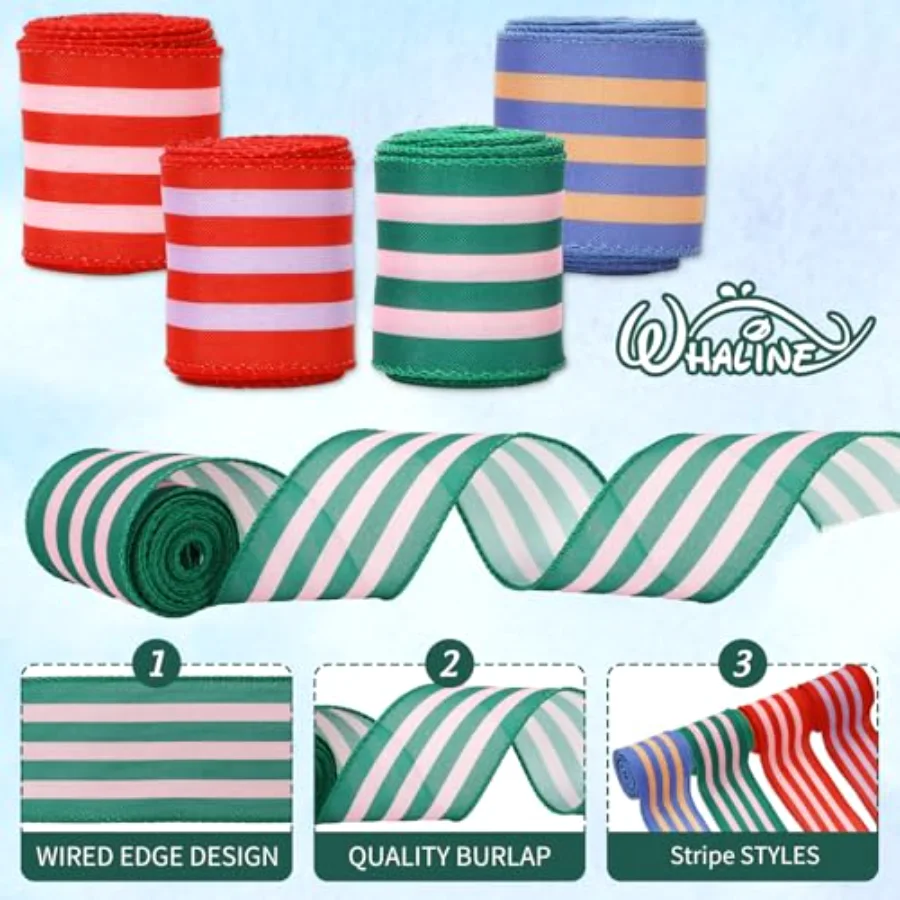 Summer Beach Stripe Wired Edge Ribbon 2.5 Inch Craft Ribbons Cabana Stripe, view 3