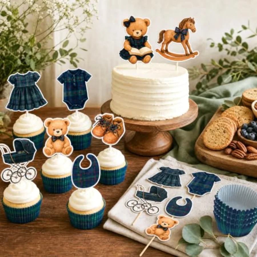 98 Pcs Tartan Plaid Decorations Set Baby Shower Cupcake Liner and Toppers, view 4