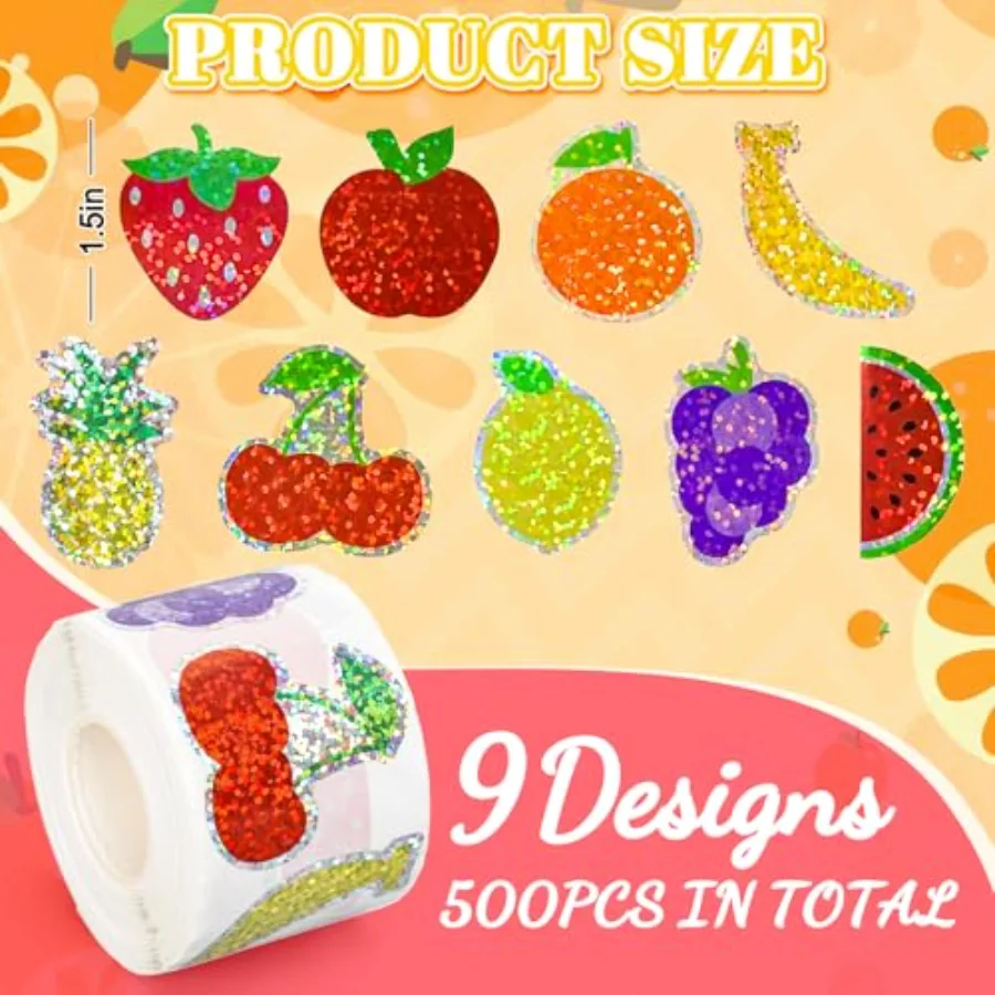 Summer Fruit Stickers Roll Holographic Apples Lemon Strawberry Seal, view 2