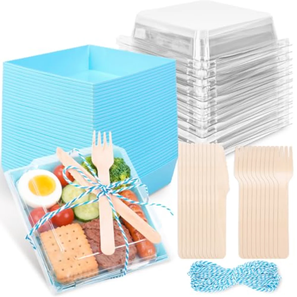 50 Set Blue Small Charcuterie Boxes with Lids Forks Knives Summer Clear