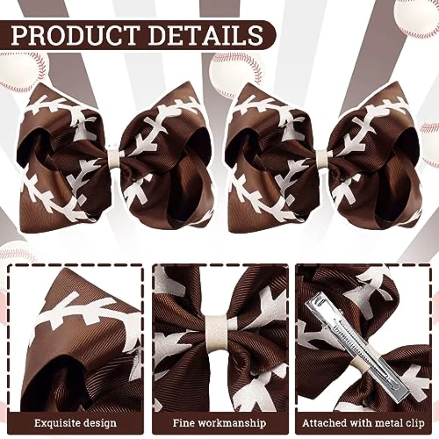 2Pcs Glitter Football Hair Bow Clips Brown and White Football Cheer Hair, view 3
